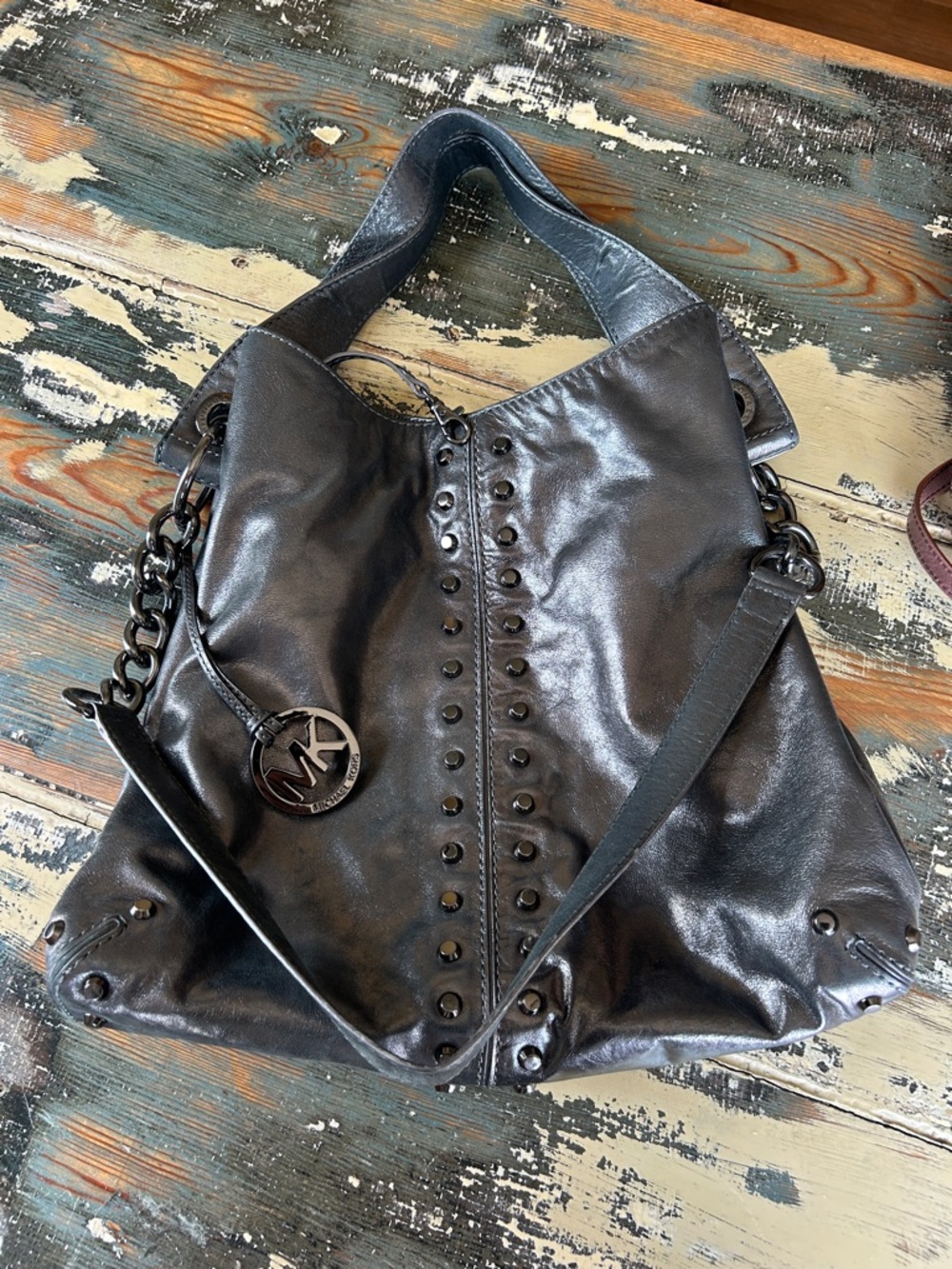 Michael Kors Black Studded Chain-Accent Shoulder Hobo